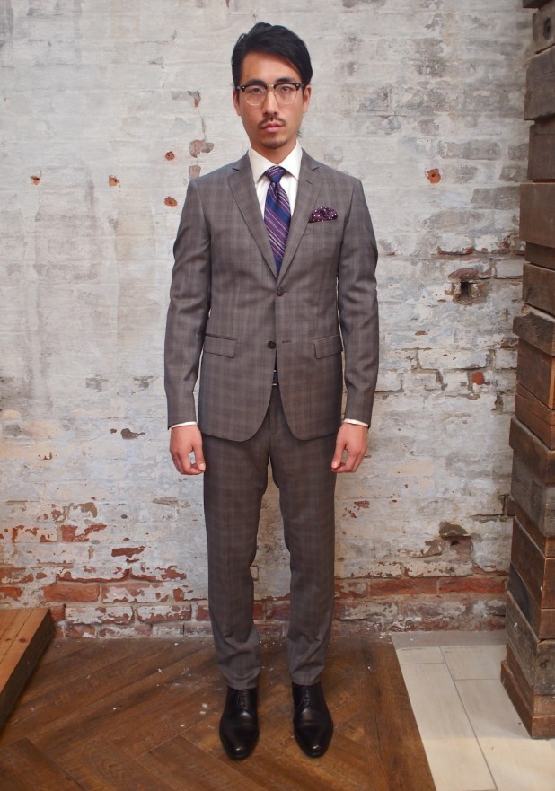 Lab Stretch Tonal Overcheck Suit: $995 Gotstyle Woven Twill Shirt: $115.50 Dion Border Puffs: $55 Gostyle Silk Tie: $95