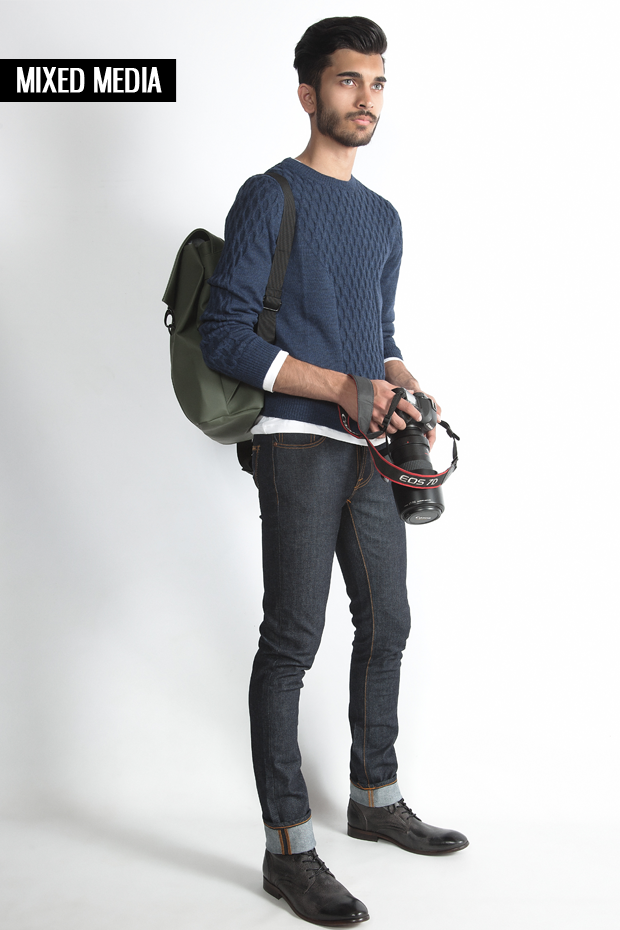 Sweater: Christopher Bates Alpaca Wool Cable-Knit Sweater $349 Jeans: Nudie Jeans Grim Tim Organic Dry $179 Shoe: Hudson Swathmore Grain Textured Leather Ankle Boot $338 Backpack: Rains MSN Bag $89 Undershirt: PYA Long Sleeve Henley $85