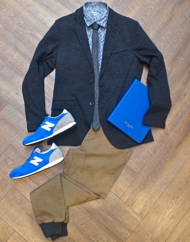 Mastai Ferretti Floral and Paisley Print Shirt: $195 Hamaki-Ho Wool Tie: $65 Tiger Of Sweden Squire Knit Blazer: $479 New Balance Retro Sneaker: $90 Ted Baker Verdean Cross Grain Tablet Case: $75 Zanerobe Dynamo Chino Elastic Ankle Pant: $149