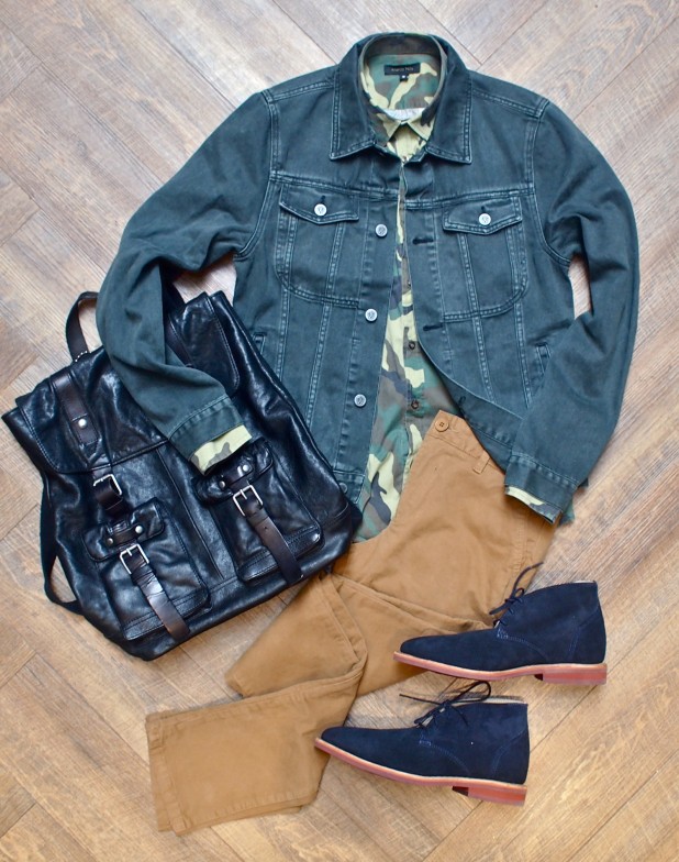 Walk-Over Wilfred Classic Suede Chukka: $342 John Varvatos Leather Backpack: $550 Zanerobe DiMarco Denim Jacket: $190 Marco Nils Camo Button Shirt: $130 Vito Cotton Twill Pants: $88