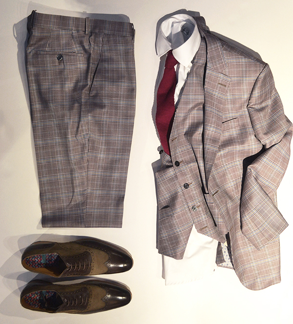 Gotstyle - Super 130's Glen Check Notch lapel 3-piece suit brown $995 Paradigma - Fancy suede brown brogue $375