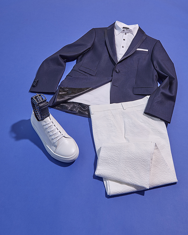 Navy Blue dinner jacket outfit with sneakers.
